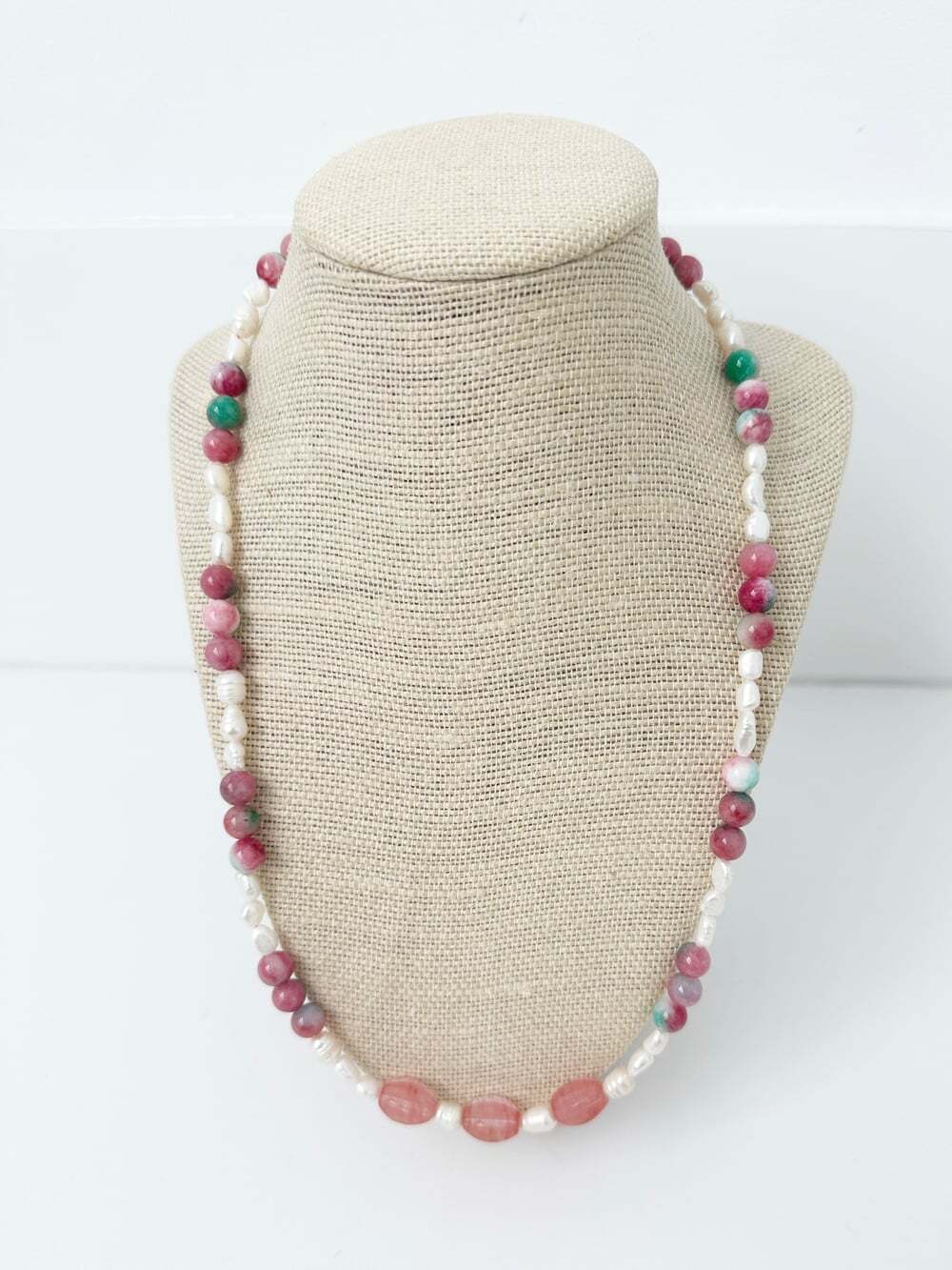 NWT Genuine Jade, Cherry Quartz & Pearls Necklace Pink Green White Beaded